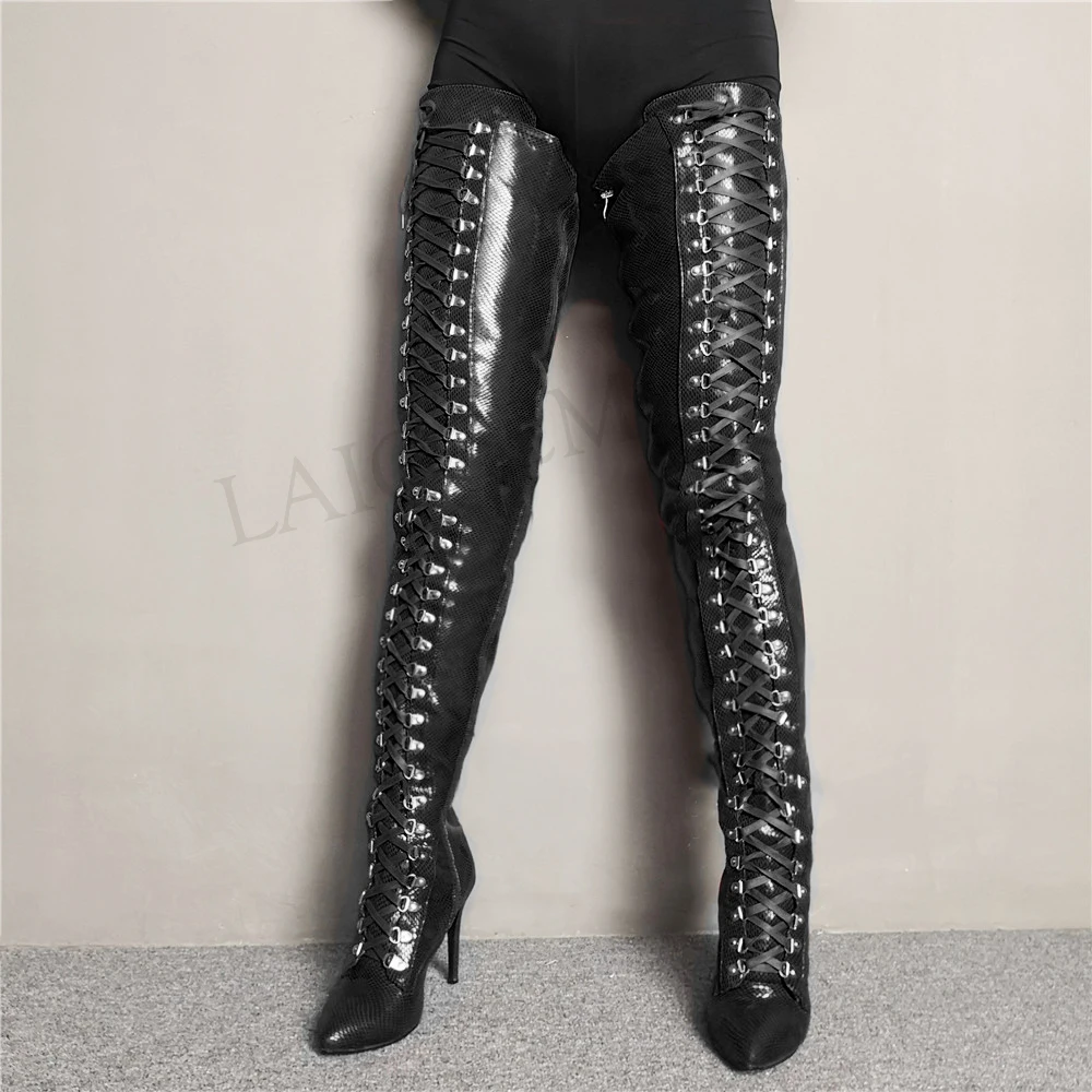 LAIGZEM SEXY Women Thigh High Boots Wide Calf Heeled Crotch Boots Lace Up Stiletto Heels Over Knee Botines Mujer Big Size 4-14