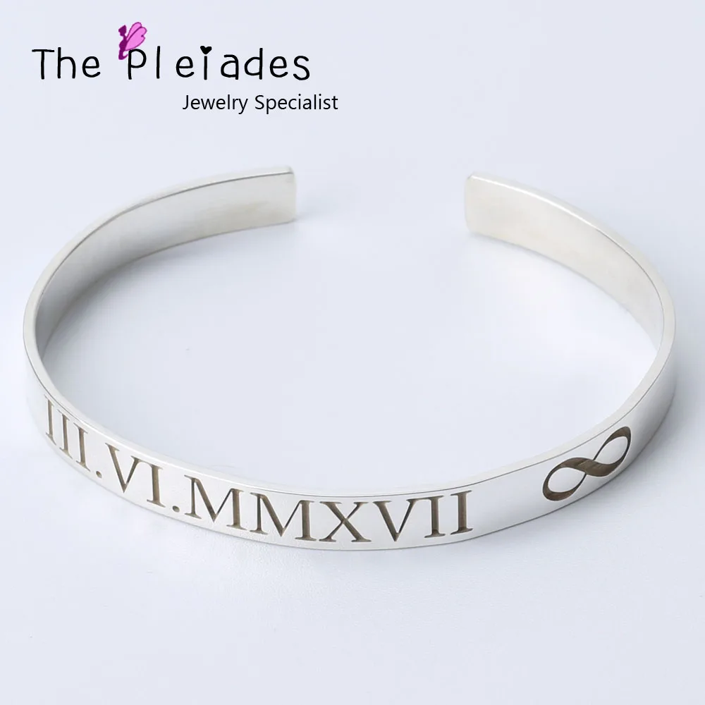 925 Sterling Silver Cuff Bangle Engrave Roman Number Personalized Date Infinity Bangle Customized Gift