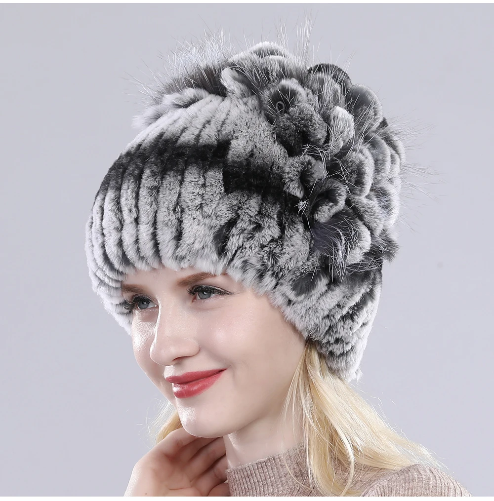 Neue Russische Damen Echt Rex-Kaninchenfell Mützen Luxuriöse Gestrickte Blumen Echte Rex-Kaninchenfell Kappe Winter Echt-Fell Beanie Mütze – Detail 22