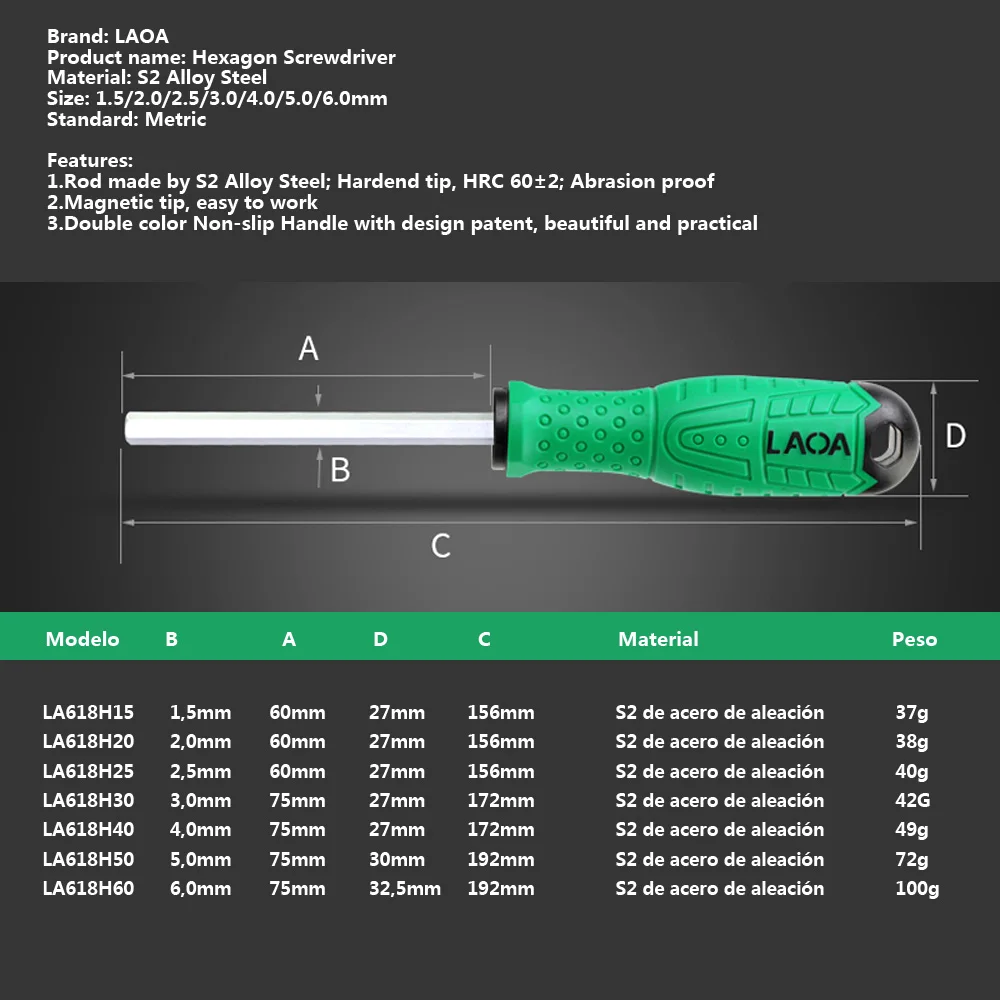 LAOA S2 Hexagon Screwdriver Handle Hex Key  Hexagon Wrench with Magnetic Screwdrivers 1pcs