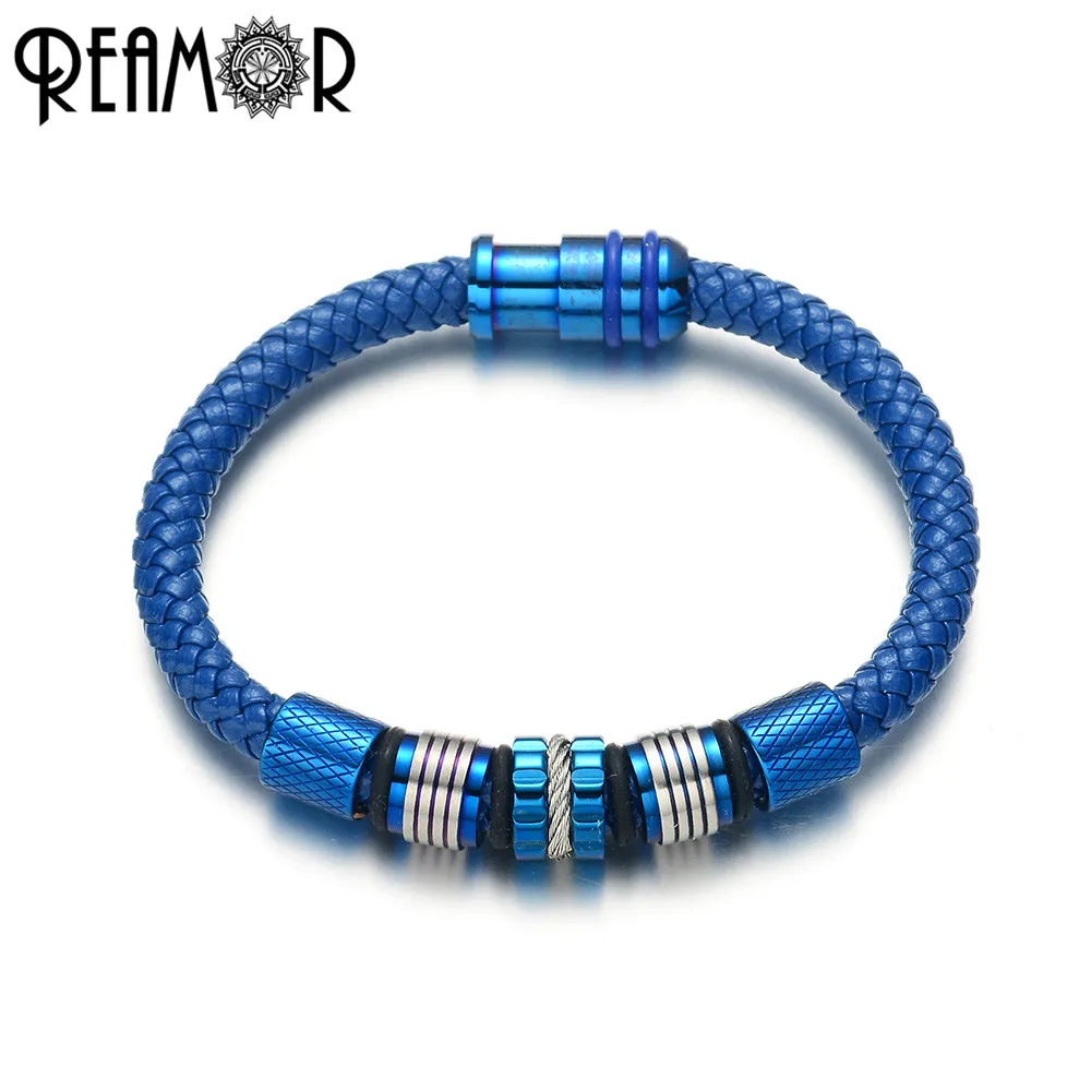 

REAMOR Plated Blue Beads Genuine Leather Bracelets 316l Stainless Steel Magnetic Clasp Wristband Men Bracelets Bangles Gift