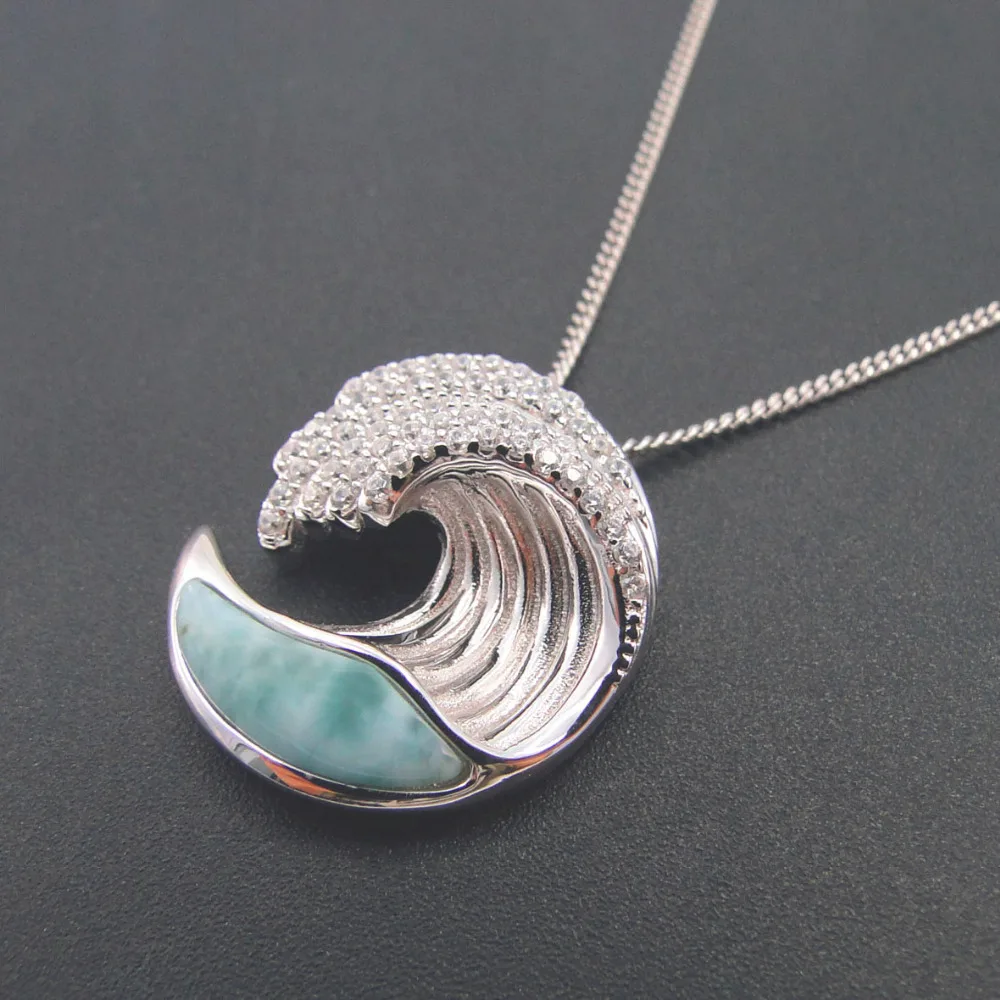 Fine Jewelry Natural Larimar Pendant Genuine Stone Waves Charm Pendant in Solid 925 Sterling Silver Christmas Gift for Lovers