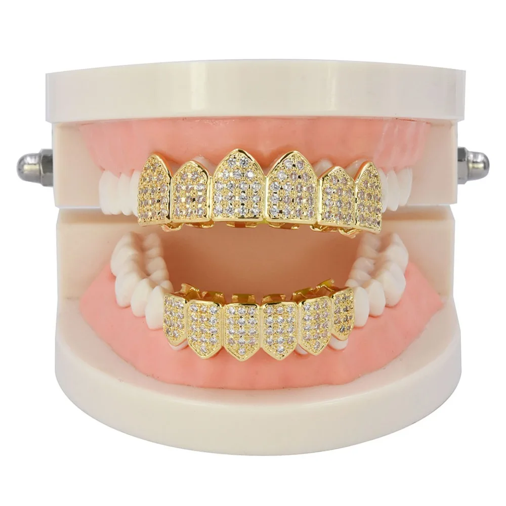 TOPGRILLZ Hip Hop Grillz Teeth Caps Gold Color Plated Luxury Micro Pave CZ Stones Top & Bottom Teeth Grills Set For Halloween