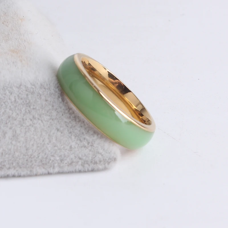 6mm Gold Color green Ceramic Stainless Steel Finger Rings for Women Men Wholesale Jewelry