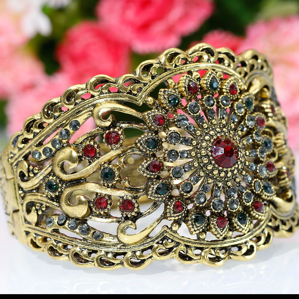 Sunspicems Antique Bronze Algeria Morocco Women Bangle Rhinestone Flower Cuff Bracelet Ethnic Arab Wedding Jewelry Family Gift