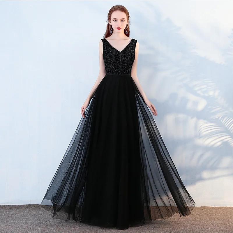 

New Black Dress 2019 New Fashion Elegant Evening Dress Sexy V-neck Beaded Floor Long Prom Dress a Line Backless