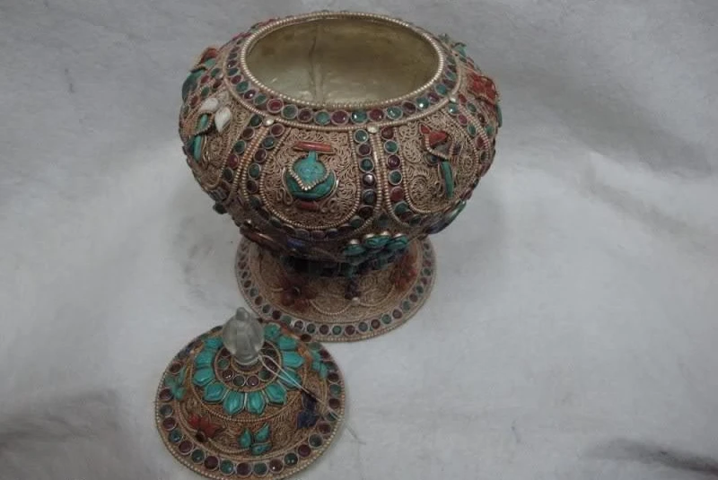 8 Tibet Copper Silver inlay Ruby beryl gemstone 8 treasures earthen jar Pot Vase