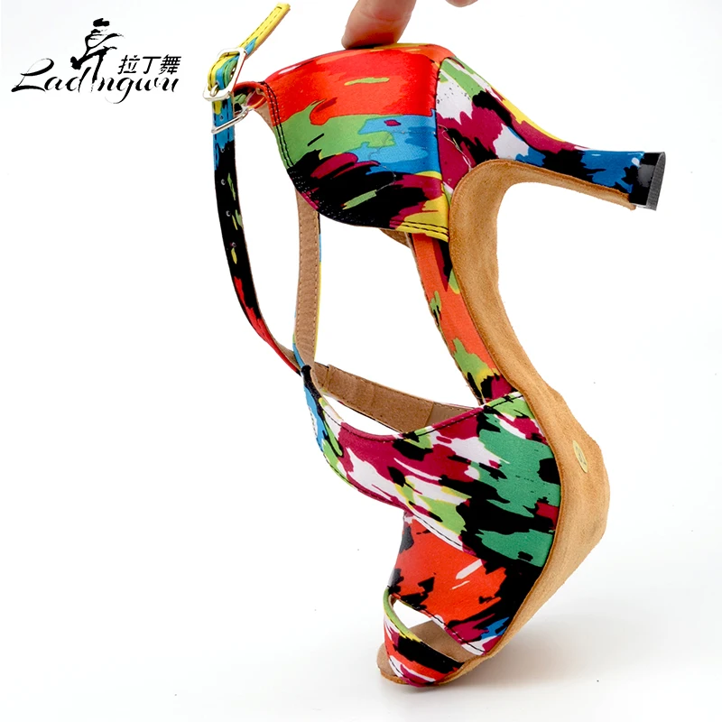 Ladingwu New Spring and Summer Dance Shoes Ladies Latin Camouflage style texture Ballroom Salsa Dance Shoes Women Satin