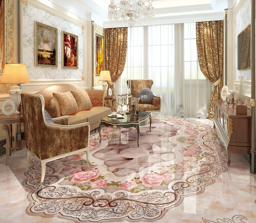 

Home Decoration Continental Grand marbled parquet floor 3D Custom Photo self-adhesive 3D floor PVC waterproof floor