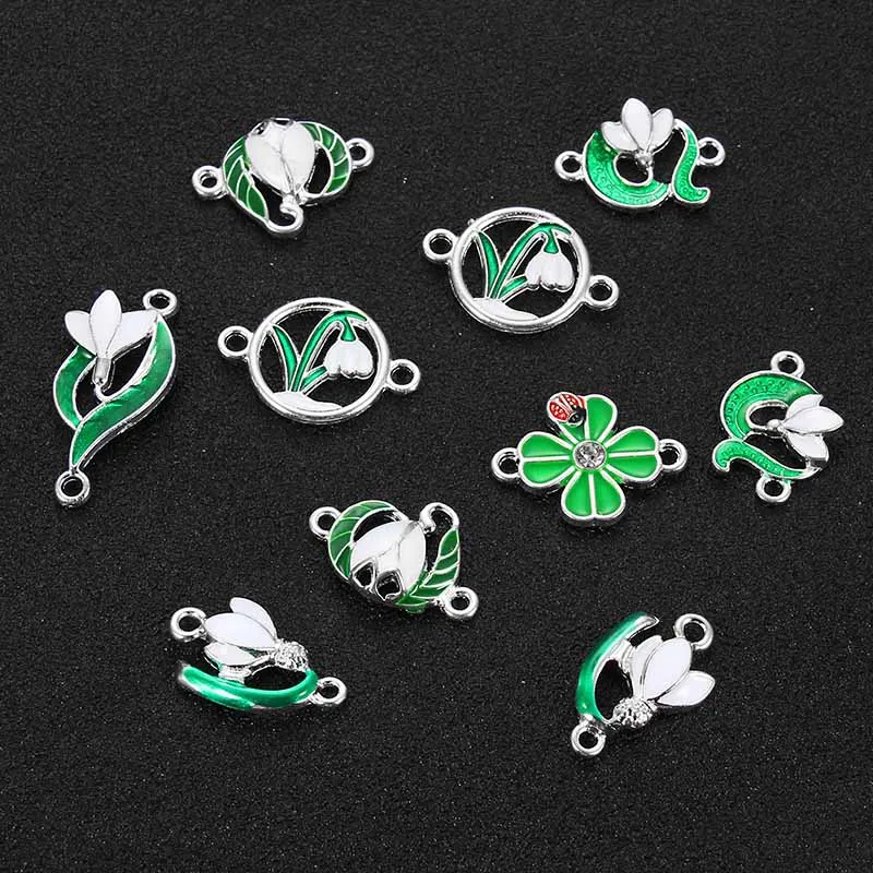 10PCS Mixed Style Enamel Green Plant Flower Leaf Charms Connector For Women Girls DIY Necklace Bracelet Jewelry Accessories