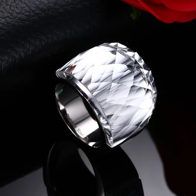 Fashion Large Ring for Women Multicolor Wedding Jewelry 7 Colors Big Glass Stone Ring Stainless Steel Anillos