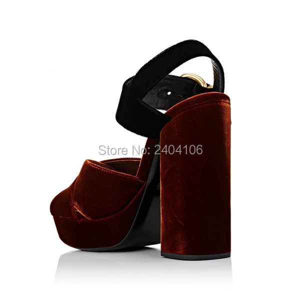 Shooegle Brand Sexy Runway Shoes Mixed Colors Peep Toe Extreme High Velvet Pumps Buckle Strap Block Heel Platform Sandals Women