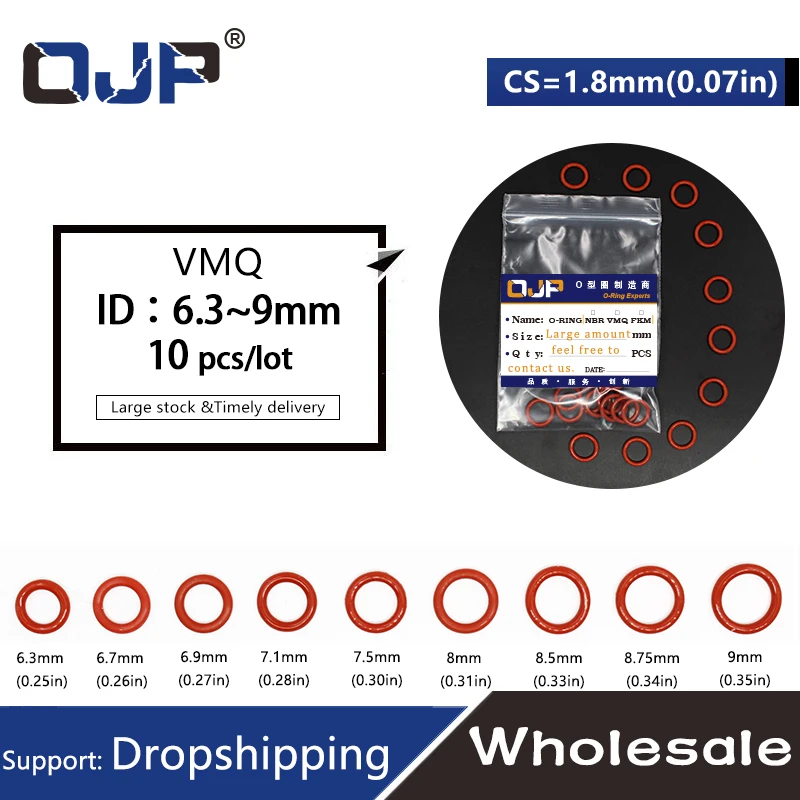 10PCS/lot Silicon Ring Silicone/VMQ O ring 1.8mm Thickness ID6.3/6.7/6.9/7.1/7.5/8/8.5/8.75/9mm Rubber O-Ring Seal Ring Gasket