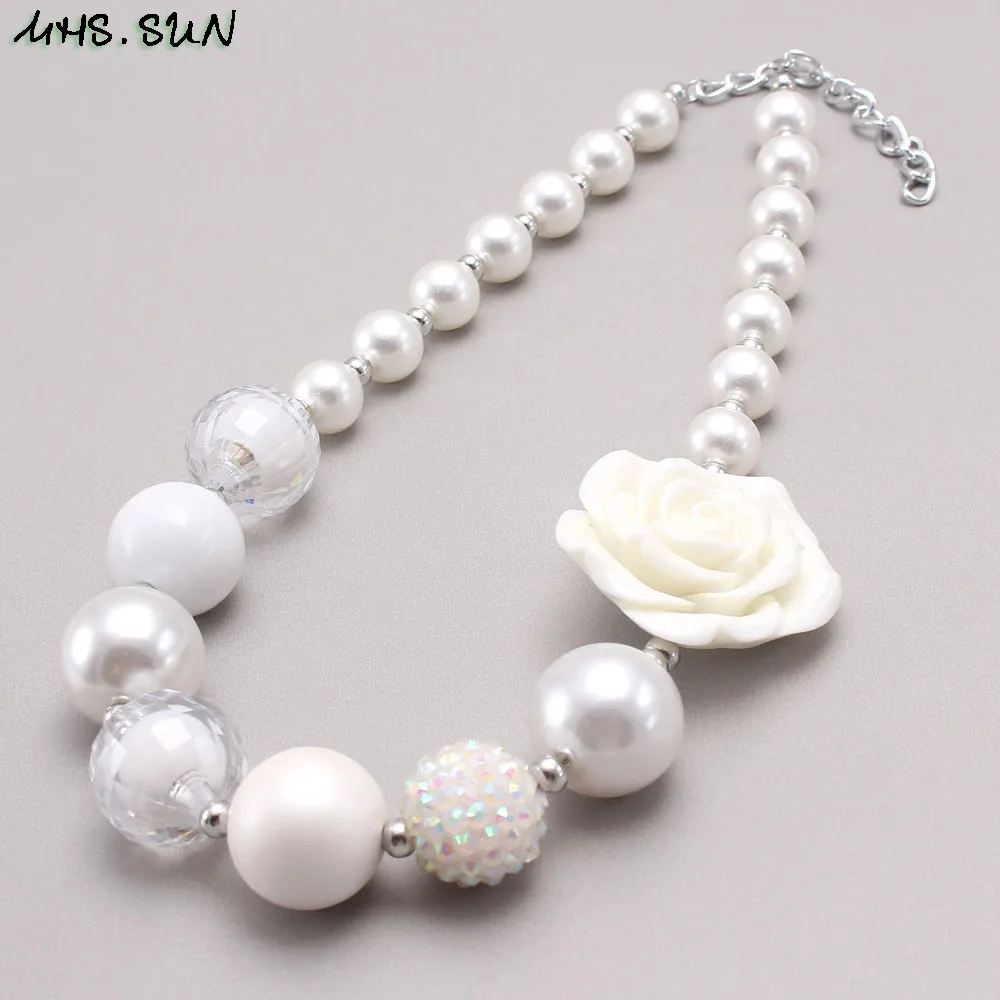 MHS.SUN Fashion white flower girls imitation pearl necklace chunky bubblegum diy baby beaded necklace for kids children party