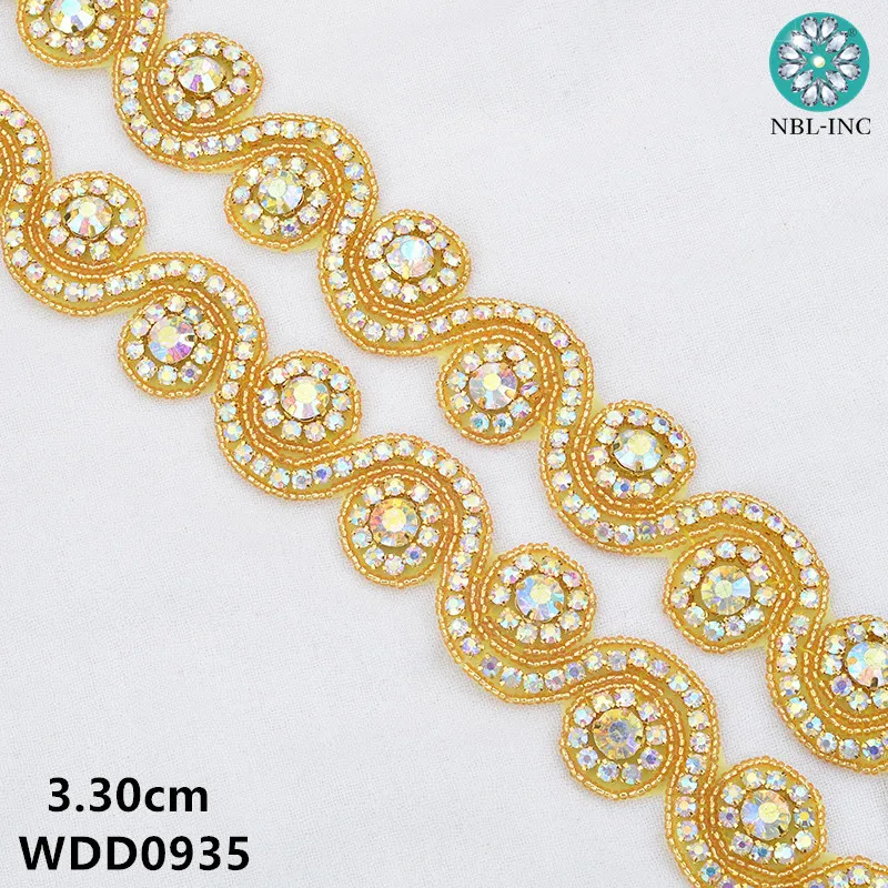 

(10 yards ) Bridal beaded sewing gold AB crystal Rhinestone Applique Trim iron on for wedding dress belt sash WDD0935