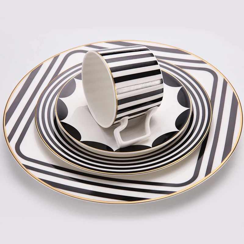 Bone China Tableware Set, Black and White Stripe Design, Flat Steak Plate, Coffee Cup and Dish, Dessert Tray, Golden Drink Ware