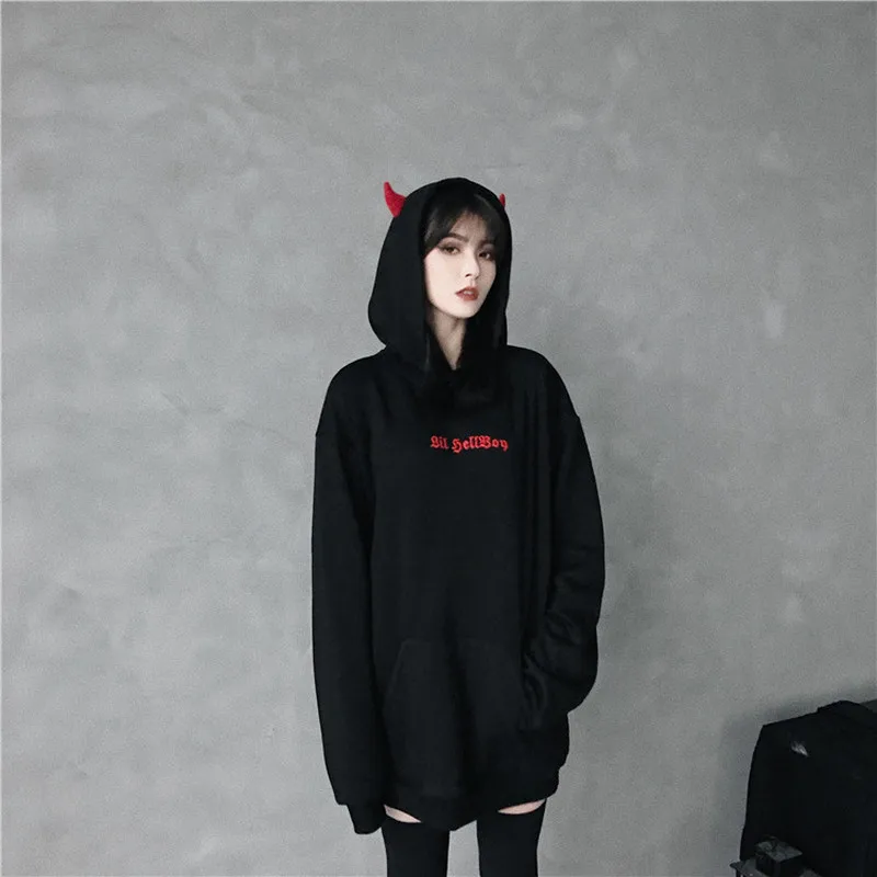 Cute Hoodies Women Punk Gothic Girls Devil Horn Chic Hooded Pullover Loose Sweatshirt Autumn Winter High Street Harajuku Hoodie