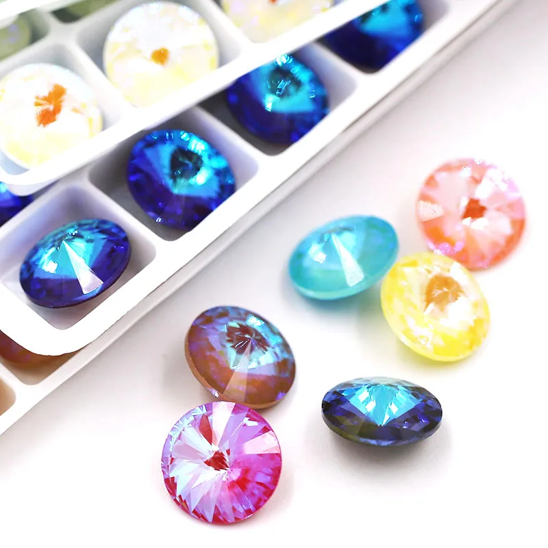 New Style Round Shape Glass Crystal Mocha Fluorescence Pointback Rivoli Rhinestones Glue On Clothing Accessories