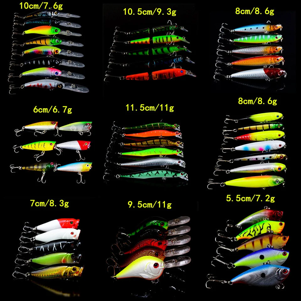 

52pcs/lot Fishing Lures Mixed Minnow/Crank/Popper/VIB/Pencil Lure 52 Colors Carp Fishing Tackle Quality Professional Fish Bait