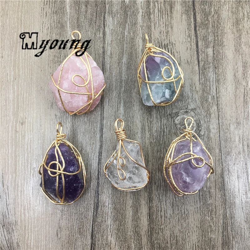 10PCS Wire Wrap Raw Crystal Quartz Nugget Pendant For DIY Jewelry Making MY1696