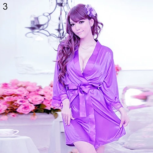 Women\'s Sexy Faux Silk Solid Color Robe Short Bathrobe Sleepwear Nightwear