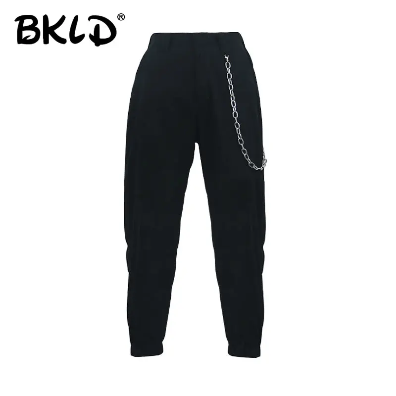 

BKLD Streetwear Cargo Pants Women Casual Black High Waist Loose Female Trousers With Chains Ladies Harem Pants Dropshipping