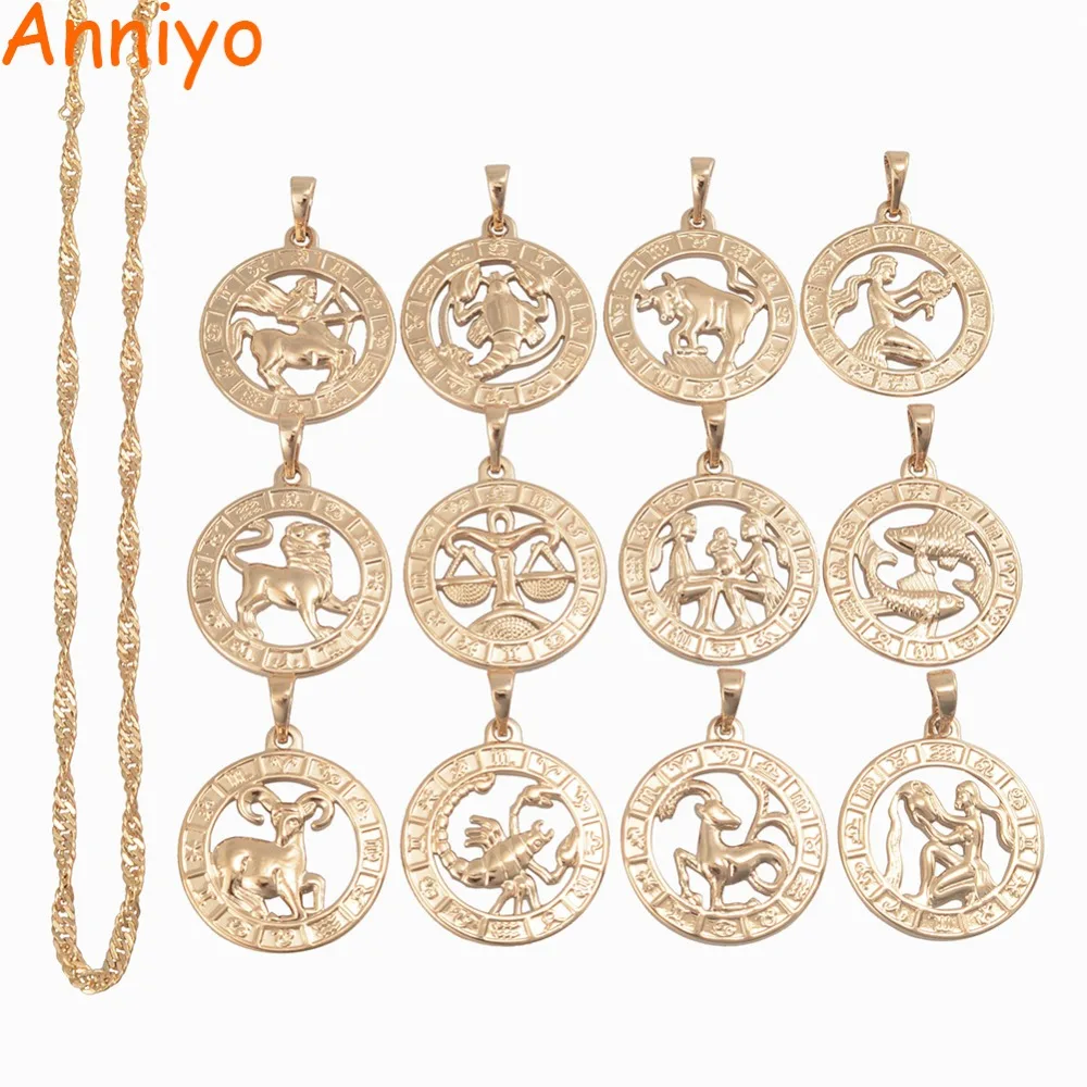 Anniyo 12pcs Twelve Constellations Necklaces Women Girl Silver Color/Gold Color Twelve Horoscope Star Sign Jewelry @@037704