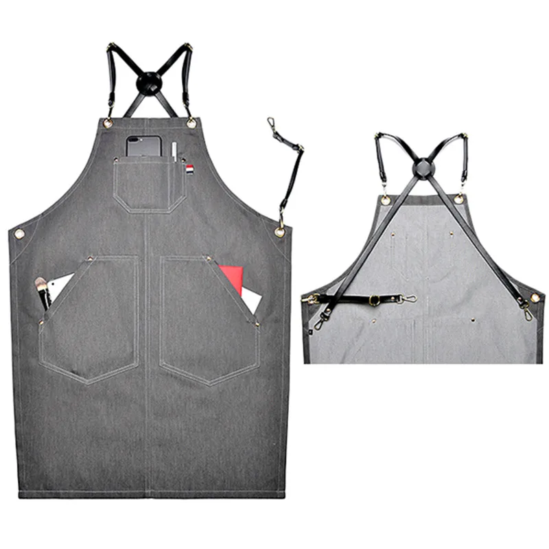 Gray Denim Apron Cowhide Leather Strap Barber Hairdresser Florist Artist Gardener Workwear Barista Bartender Chef Uniform K98