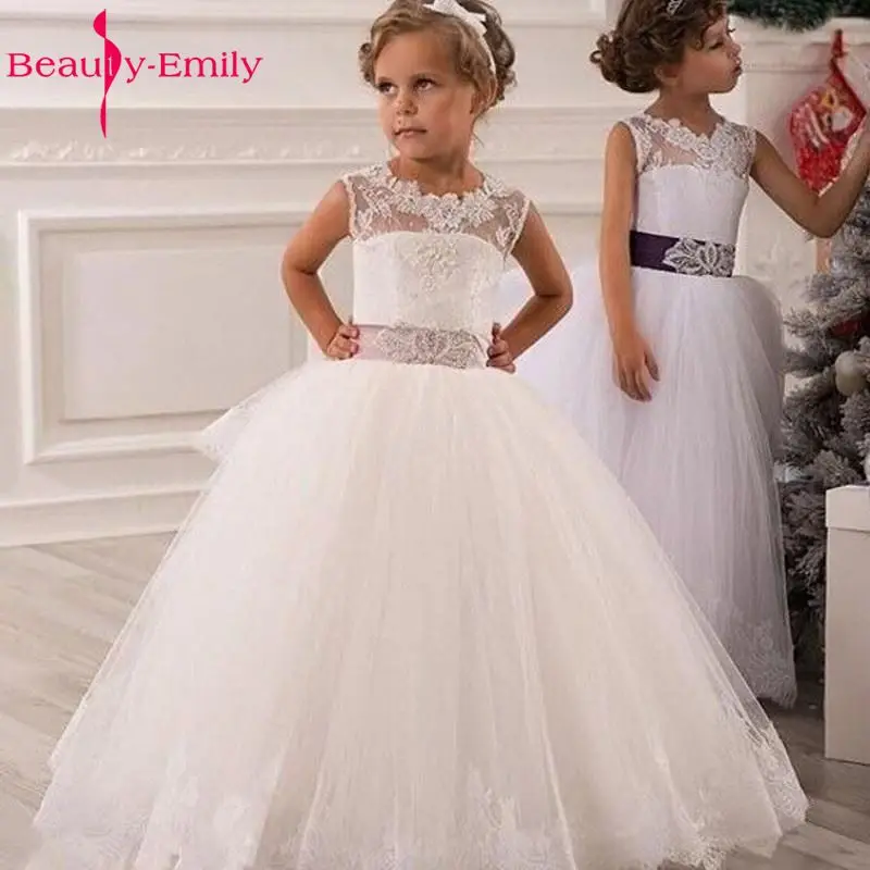 

White Flower Girl Dress Lace Up Lace Appliques Ball Gown Layered Organza Wedding Party Dress for Baby Girls