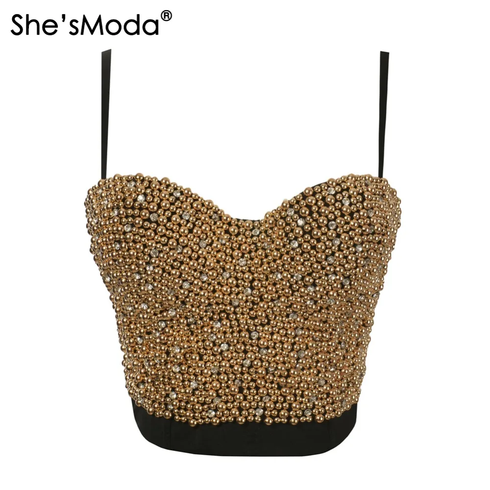 She'sModa Pearls Diamond Bead Bralette Women's Bustier Bra Cropped Top Vest Plus Size