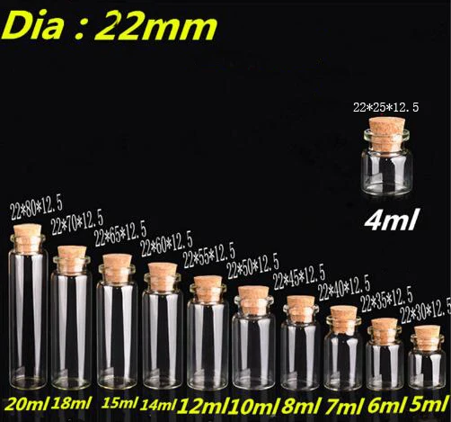 

100pcs Dia.22mm 4ml 5ml 6ml 7ml 8ml 10ml 12ml 14ml 15ml 18ml wishing Glass Bottles with Cork Empty Bottles Jars Containers Vial