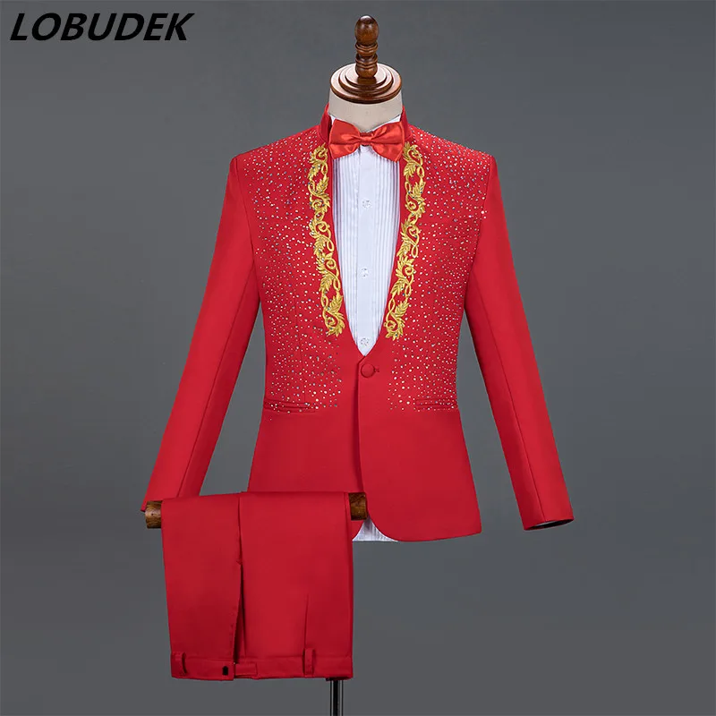 Men's White Wedding Groom Suits Shiny Rhinestones Slim Fit One Button Tuxedo Blazer Pants Singer Host Stage Costume 2 Pieces Set