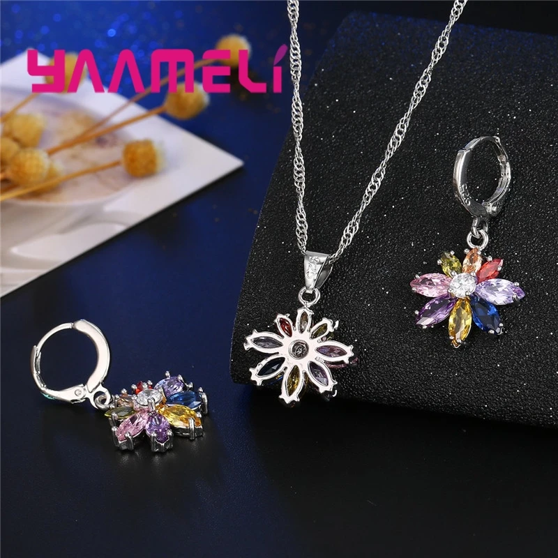 925 Sterling Silver Necklace Earrings Set Luxury Noble Style Colorful Flower Shape Valentine\'s Day Gift For Women