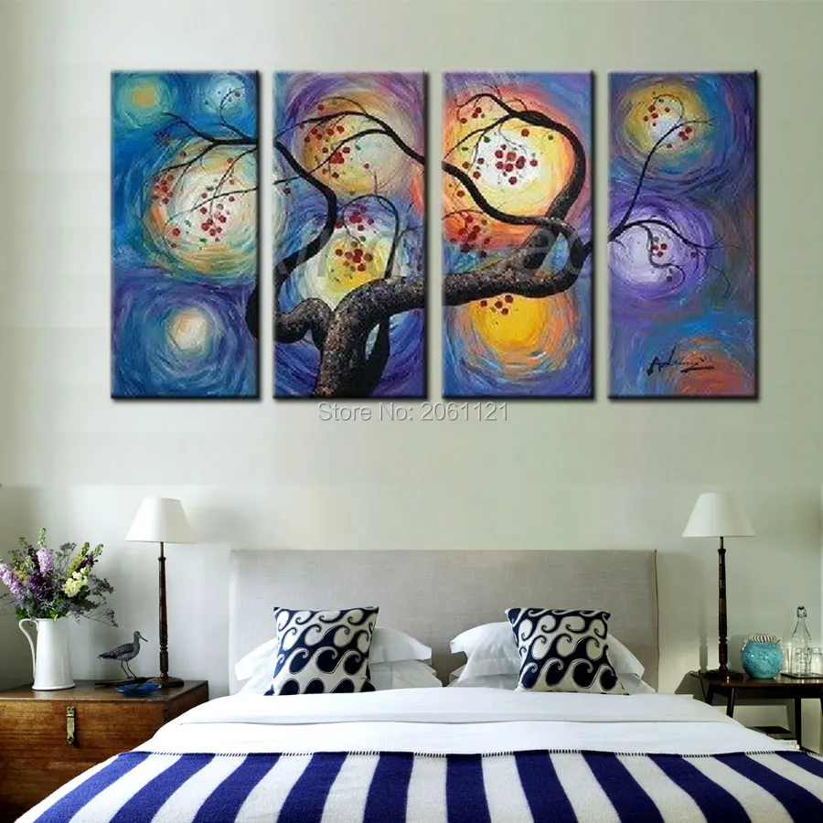 

Handpainted 4 Piece combination pictures star night landscape Wall Art Group Oil Painting On Canvas of Artwork home Decoration