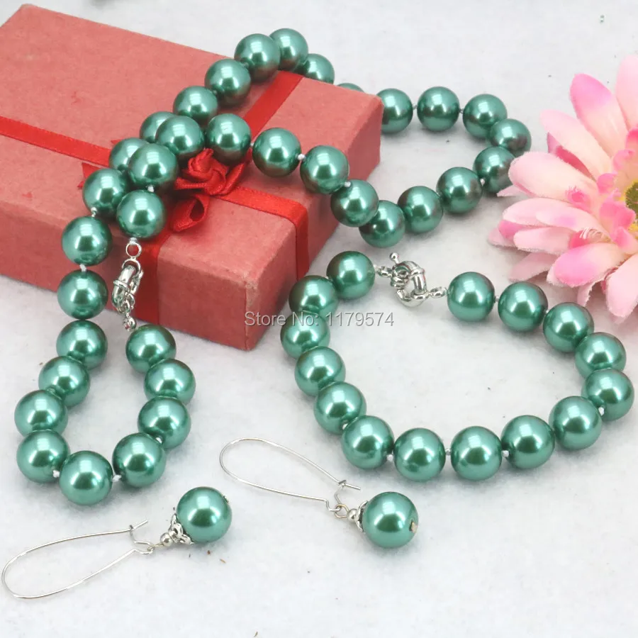 New Arrival Christmas Gifts Girls 12mm Green Round Shell Pearl Beads Necklace Bracelet Earrings Sets Jewelry Making Design Women