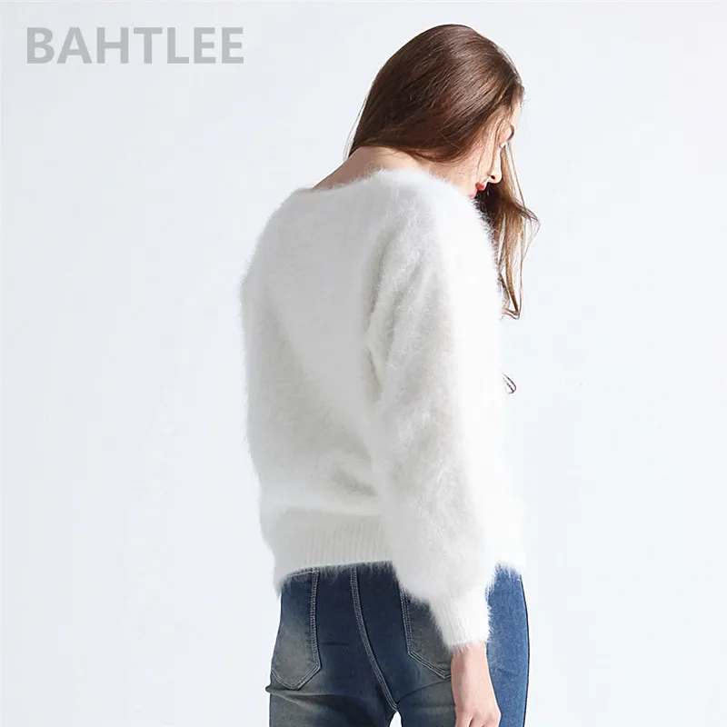 BAHTLEE-Women\'s Angora Rabbit Knitted Pullovers, Sweater, Lantern Sleeve, Wool, Thick, Keep Warm, O-NECK, Autumn, Winter