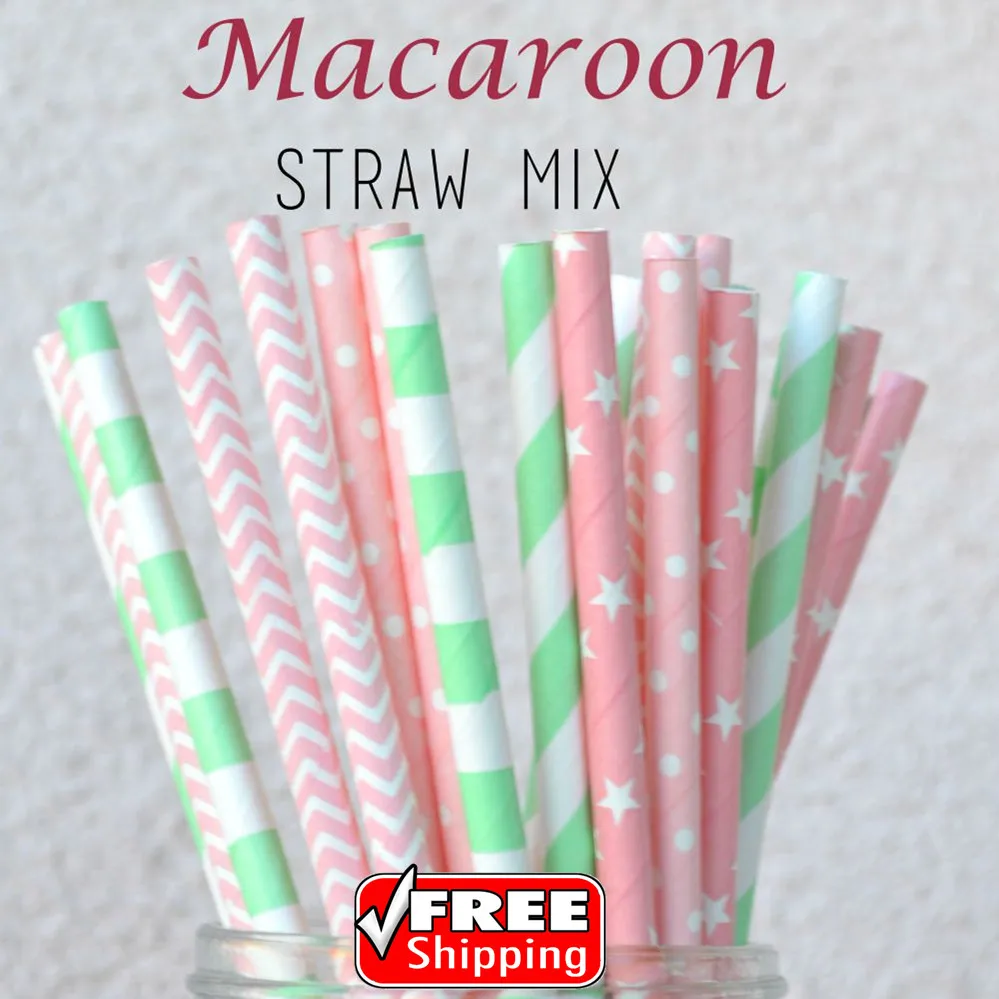 250 Pcs Mixed 5 Designs Macaroon Themed Paper Straws-Light Pink,Mint Green-Striped,Dot,Star,Chevron Baby Shower Party Wedding