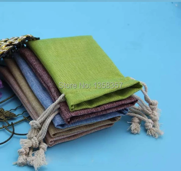 

100pcs/lot wholesale jute/linen/flax drawstring gift bags for toiletry/ring/jewelry packaging,Size be customized,Various colors