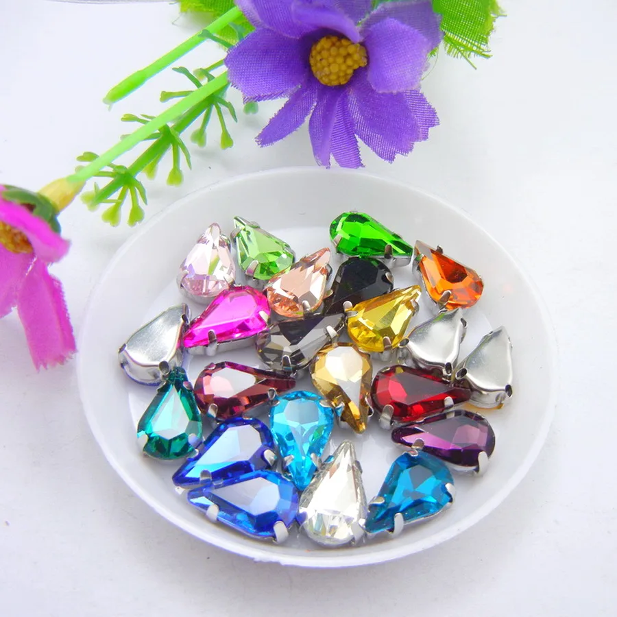 High quality glass Crystal Silver claw nice colors 6*10mm 8*13mm narrow teardrop Sew on rhinestone wedding dress bags decoration