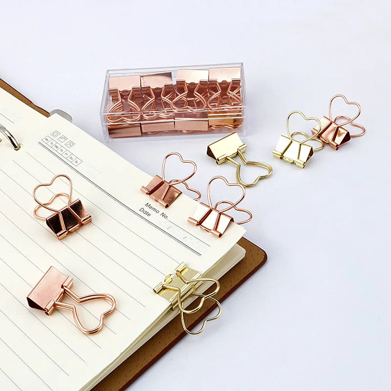 12Pcs Creative Heart Shape Metal Binder Clips Gold Rose Gold Paperclips For Photos Tickets Letter Notes Paper Clip Office Supply