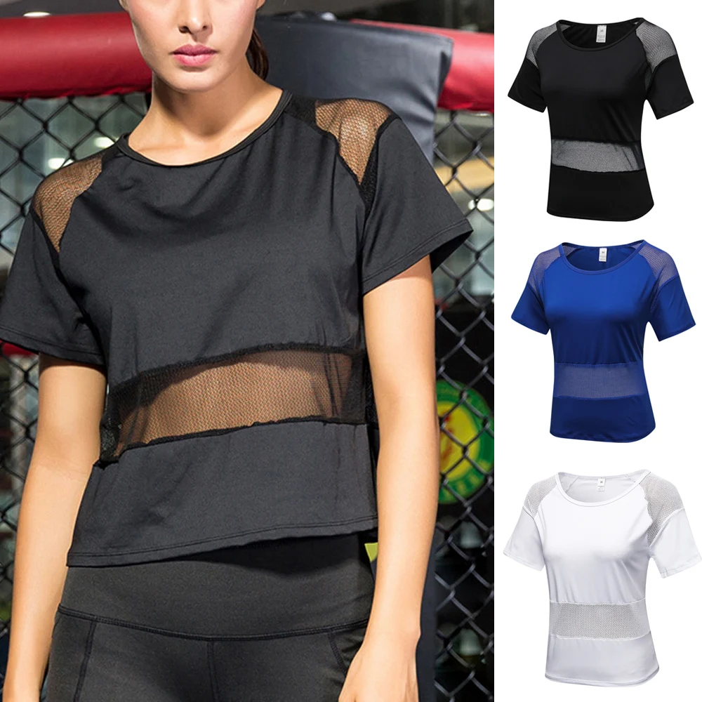 

Women Sexy Mesh Splicing Sports Breathable Casual Short Sleeve Tops SPSYL0030