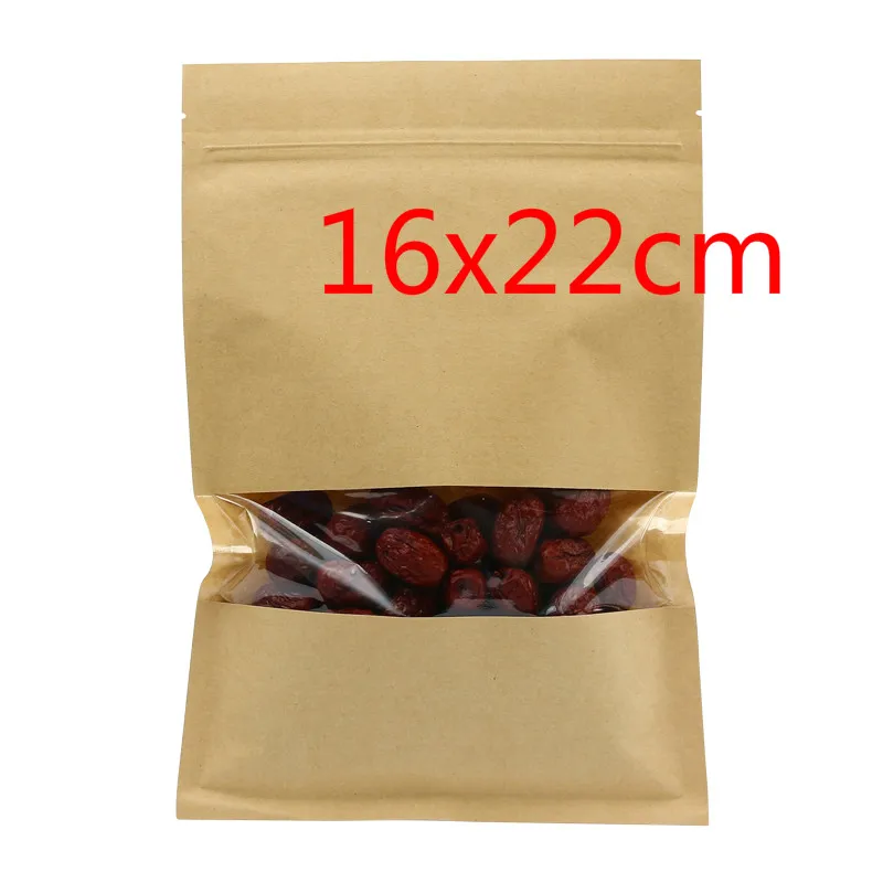 6.3''x8.7'' (16x22cm) Brown Kraft Paper Window Bag For Food Coffee Nuts Storage Packaging Resealable Zipper Lock Pouch 50Pcs/Lot