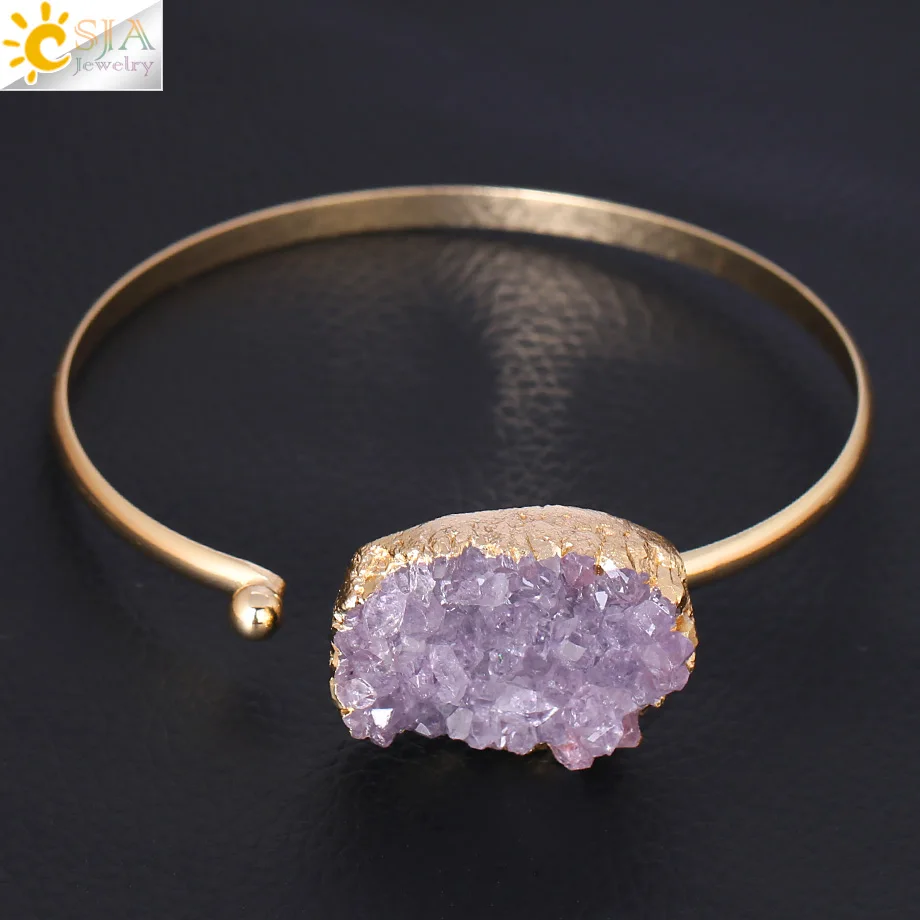 CSJA Fashion Cuff Bracelet for Women Natural Stone Purple Quartz Crystal Half Open Gold Color Bangle Any Wrist Size Jewelry F347