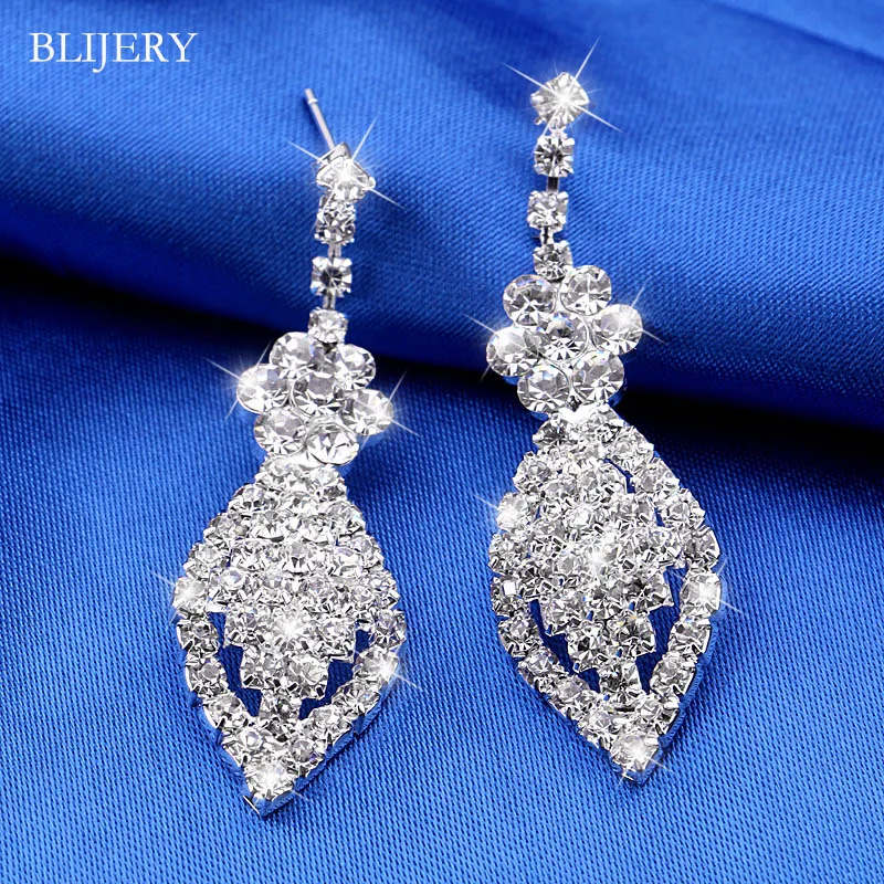 BLIJERY Sparking Silver Color Rhinestone Crystal Long Wedding Earrings for Women Brides  Drop Dangle Earrings Prom Party Jewelry