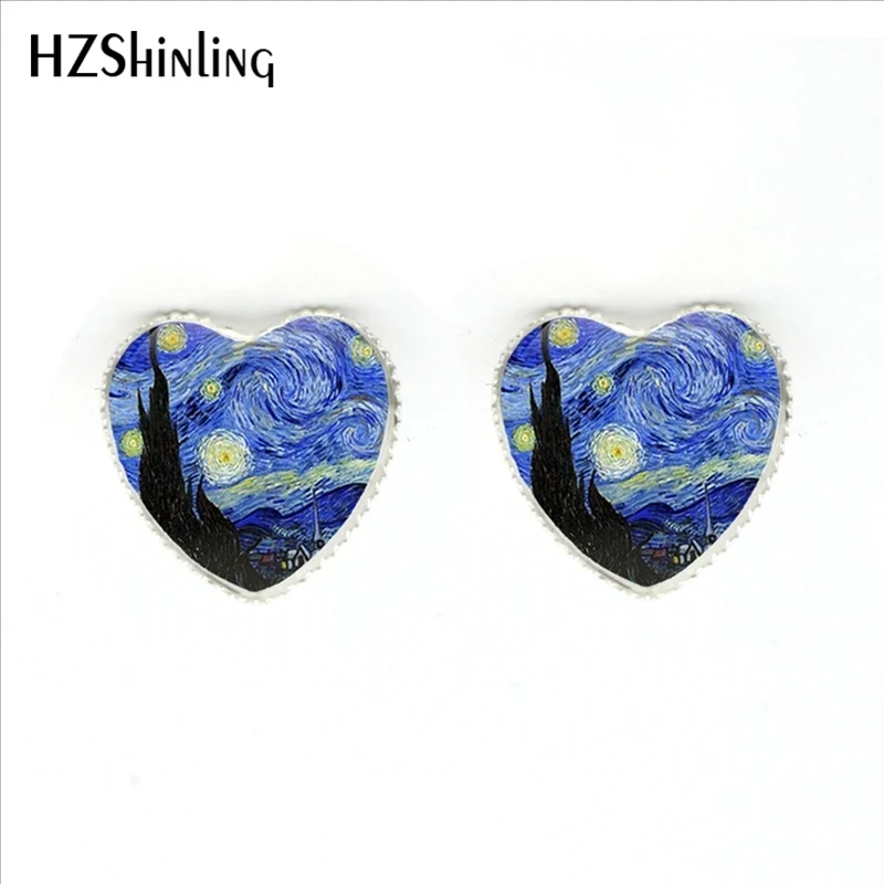 HER-0014 Fashion The Starry Night by Vincent Earring Handmade Van Gogh's Painting Heart shaped Stud Earrings Jewelry