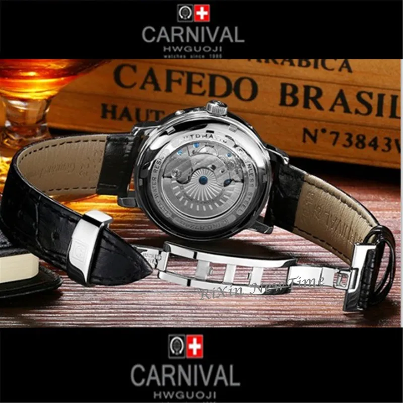 Carnival tourbillon Men Top Brand Automatic Mechanical Watches Luxury genuine leather Waterproof Watch full steel montre homme