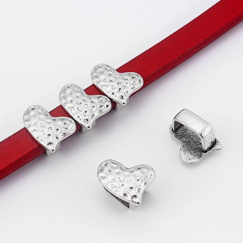 10pcs Tibetan Silver Hammered Love Heart Flat Slider Spacer Beads  For 10*6mm Leather Cord Bracelet Necklace DIY Jewelry Making