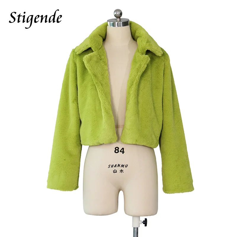 Stigende Vrouwen Sexy Bont Nep Pluizige Crop Jas Lange Mouwen Warm Faux Fur Club Jas en Jassen Casual Turn Down kraag Party Jas