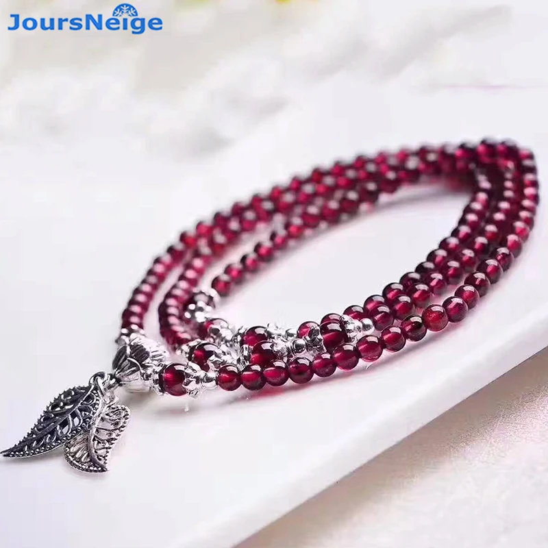 Wine Red Garnet Natural Stone Bracelets Beads Tibetan Silver Leaf Pendant Women Beauty Bracelet Multilayer Jewelry