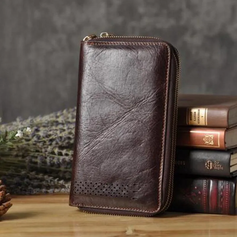 Luxury Wallets Double Zipper Genuine Leather Male Purse Business Men Long Wallet Designer Brand Mens Clutch Bag